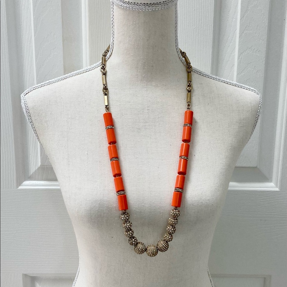 J Crew Chunky Necklace Gold Orange Rhinestones